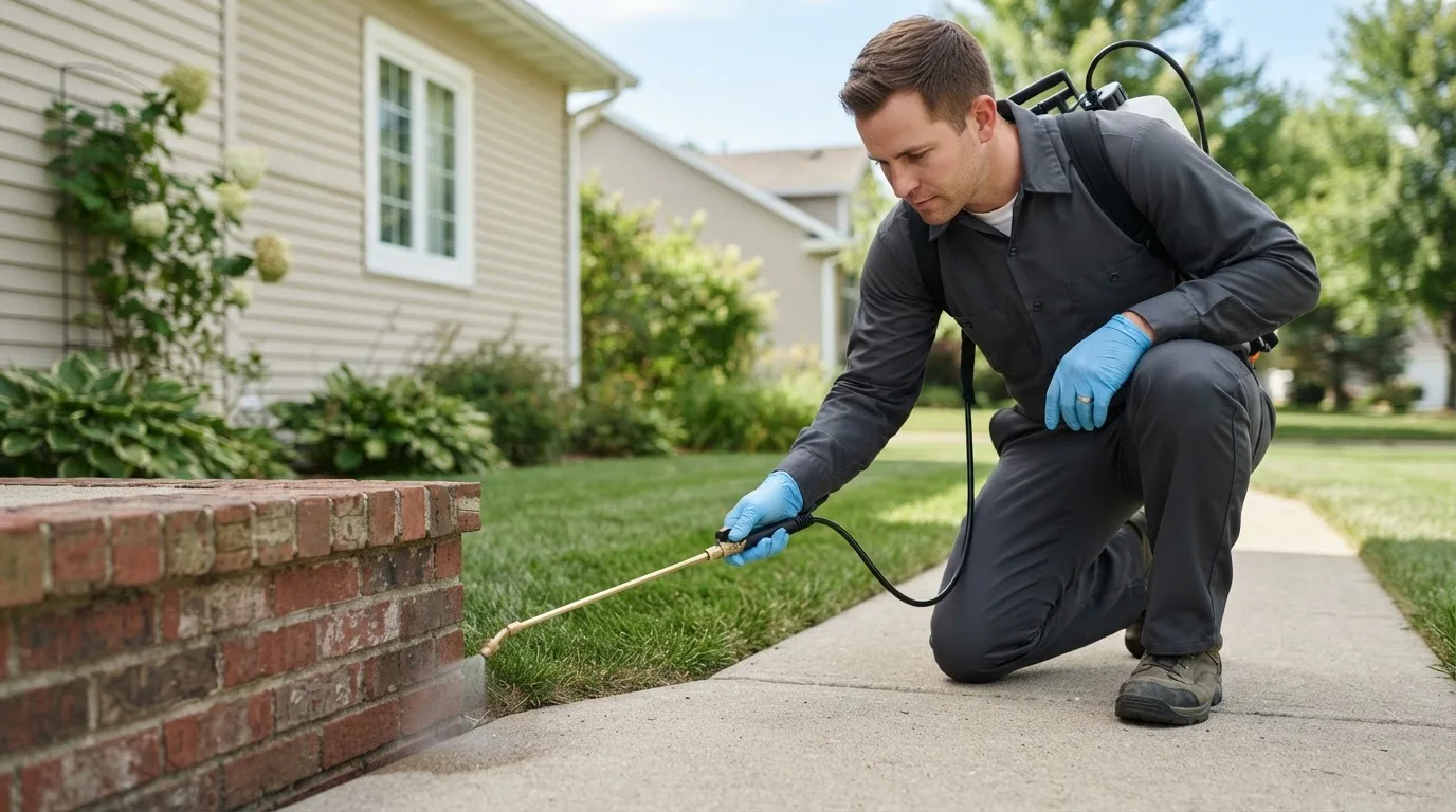 Pest control technician treating a home near Saint Croix Falls, WI